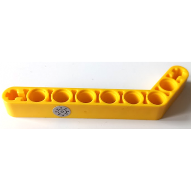 yellow technic liftarm modified bent thick 1 x 9 7 - 3 with silver fuel filler cap with black circles pattern sticker - set 42058