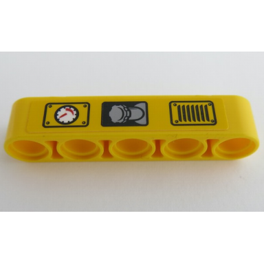 yellow technic liftarm thick 1 x 5 with red and white gauge fuel filler cap and black vent pattern sticker - set 42049