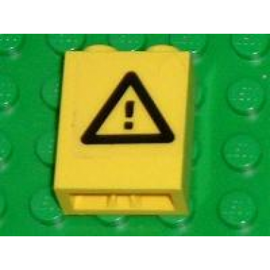 yellow brick 1 x 2 x 2 with inside axle holder with black triangle and exclamation mark pattern sticker - set 7775