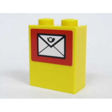 yellow brick 1 x 2 x 2 with inside axle holder with mail envelope pattern sticker - set 7731