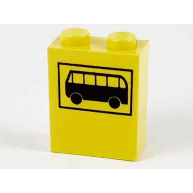 yellow brick 1 x 2 x 2 with inside axle holder with black bus pattern