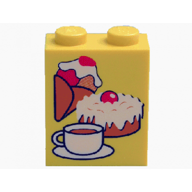 yellow brick 1 x 2 x 2 with inside axle holder with ice cream cake and coffee pattern