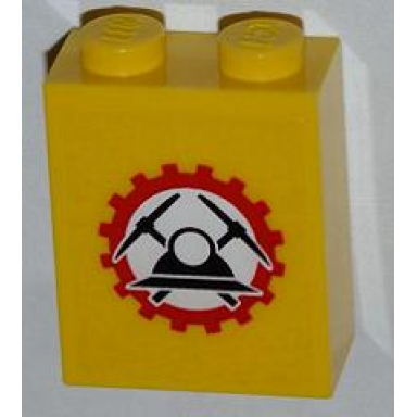 yellow brick 1 x 2 x 2 with inside stud holder with miners logo helmet with crossed pickaxes in gear on transparent background pattern sticker - set 4203