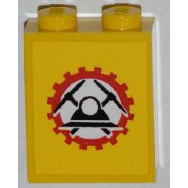 yellow brick 1 x 2 x 2 with inside stud holder with miners logo helmet with crossed pickaxes in gear on yellow background pattern sticker - set 4202