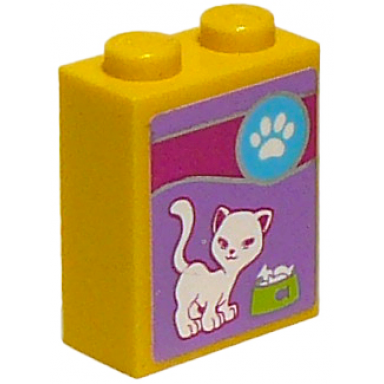 yellow brick 1 x 2 x 2 with inside stud holder with paw print cat and food bowl pattern sticker - set 41007