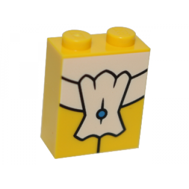 yellow brick 1 x 2 x 2 with inside stud holder with white tie pattern