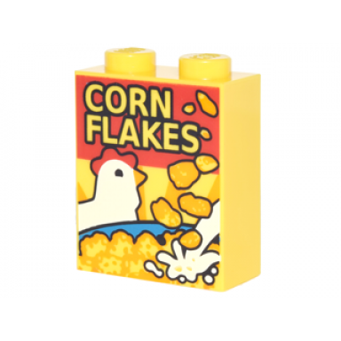 yellow brick 1 x 2 x 2 with inside stud holder with cereal box with chicken and corn flakes pattern