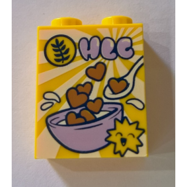 yellow brick 1 x 2 x 2 with inside stud holder with cereal box with hlc pattern