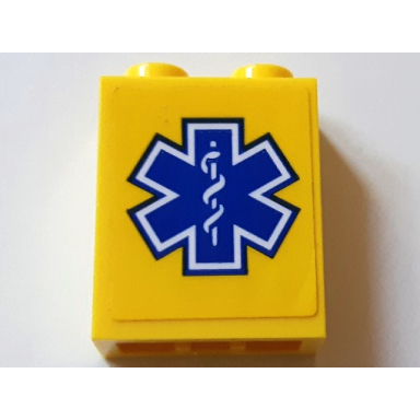 yellow brick 1 x 2 x 2 with inside stud holder with blue and white emt star of life on yellow background pattern sticker - set 60179