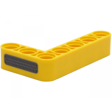 yellow technic liftarm modified bent thick l-shape 3 x 5 with silver and black grille pattern