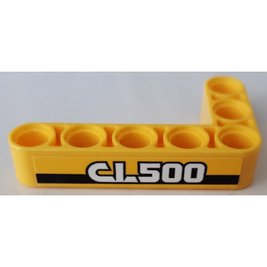 yellow technic liftarm modified bent thick l-shape 3 x 5 with cl500 on black stripe pattern model left side sticker - set 42121