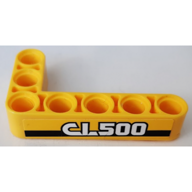yellow technic liftarm modified bent thick l-shape 3 x 5 with cl500 on black stripe pattern model right side sticker - set 42121