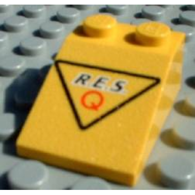 yellow slope 33 3 x 2 with r.e.s and red capital letter q in black triangle pattern