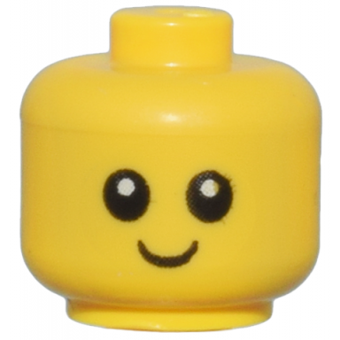 yellow minifigure baby toddler head with neck with black eyes white pupils and smile pattern