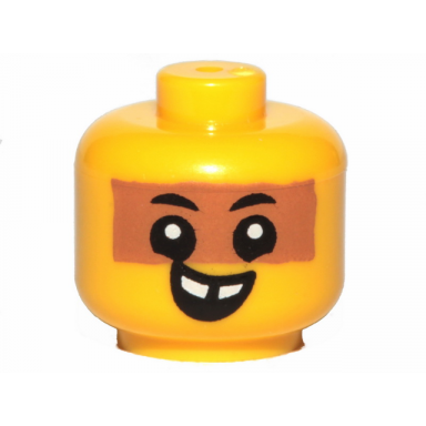 yellow minifigure baby toddler head with neck with black eyes white pupils medium nougat band and open mouth smile with missing tooth pattern