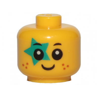 yellow minifigure baby toddler head with neck with black eyes white pupils dark orange freckles smile and dark turquoise star pattern