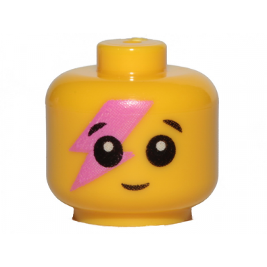 yellow minifigure baby toddler head with neck with black eyes white pupils smile and dark pink lightning bolt pattern
