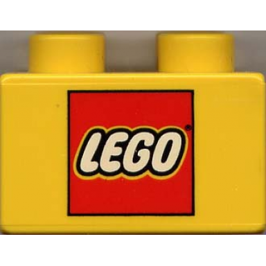 yellow duplo brick 2 x 2 with lego logo pattern