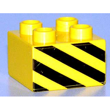 yellow duplo brick 2 x 2 with black and yellow danger stripes pattern