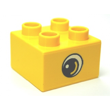 yellow duplo brick 2 x 2 with eye small with white spot and curve pattern on opposite sides