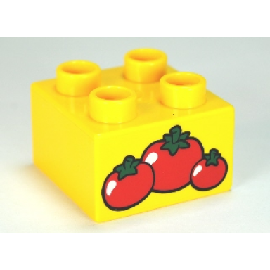 yellow duplo brick 2 x 2 with 3 red tomatoes pattern