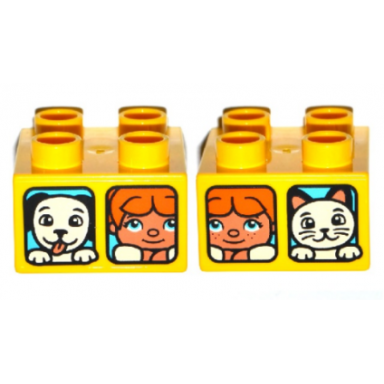 yellow duplo brick 2 x 2 with 2 windows with duplo girl and cat girl and dog pattern