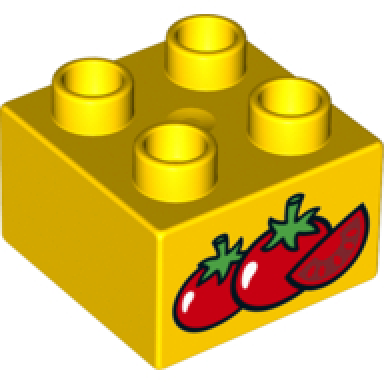 yellow duplo brick 2 x 2 with 2 red tomatoes and tomato slice pattern