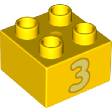 yellow duplo brick 2 x 2 with bright light yellow number 3 with bright light orange outline pattern