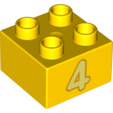 yellow duplo brick 2 x 2 with number 4 bright light yellow pattern