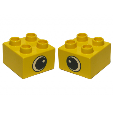 yellow duplo brick 2 x 2 with black and white eye with spot pattern on opposite sides