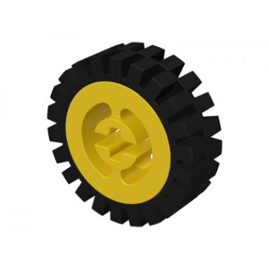 yellow wheel with split axle hole with black tire 24mm d x 8mm offset tread - interior ridges 3482 3483