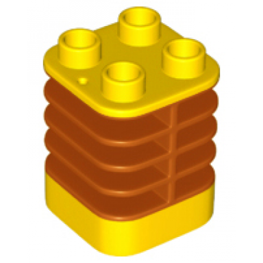 yellow duplo brick 2 x 2 x 2 ribbed - center flush with edge with molded flexible rubber dark orange fins pattern