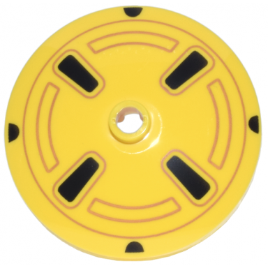 yellow dish 4 x 4 inverted radar with open stud with black and medium nougat hubcap pattern