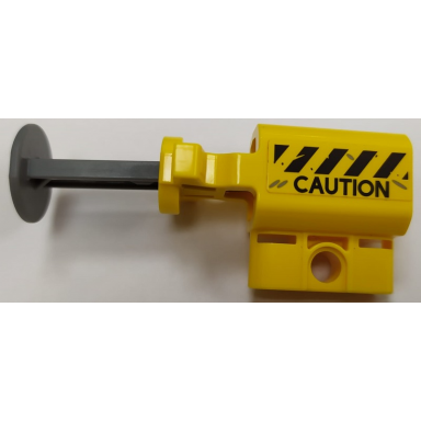 yellow projectile launcher net shooter with dark bluish gray firing pin with black and yellow danger stripes and caution pattern sticker - set 75926
