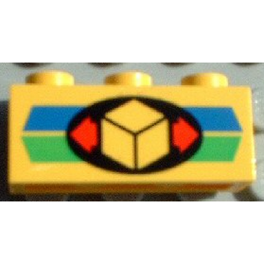 yellow brick 1 x 3 with cargo box and red arrows on black oval blue and green stripes pattern