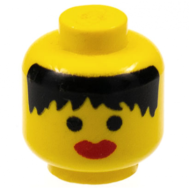 yellow minifigure head female black hair messy thick red lips pattern - solid stud