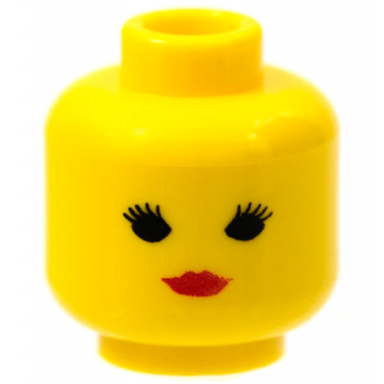 yellow minifigure head female with black eyes with thin eyelashes red lips closed mouth standard woman pattern