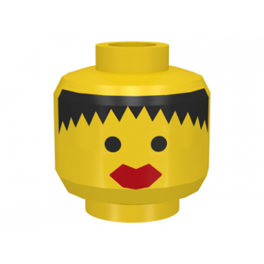 yellow minifigure head female black hair messy thick red lips pattern