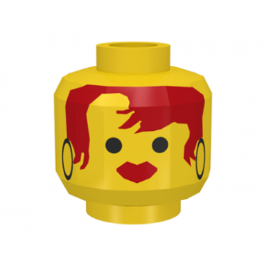 yellow minifigure head female with ice planet red hair and black hoop earrings pattern