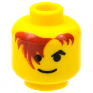 yellow minifigure head black angled eyebrow dark red hair hanging over right eye standard grin pattern
