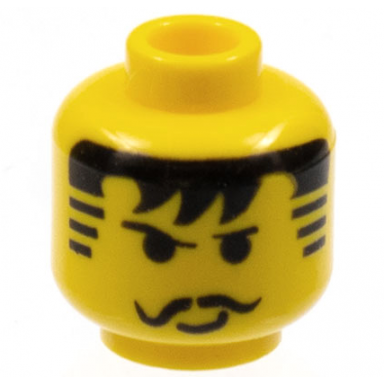 yellow minifigure head moustache black bangs striped sideburns pattern