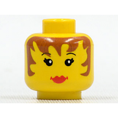yellow minifigure head female black thin eyebrows eyelashes brown hair red lips neutral pattern