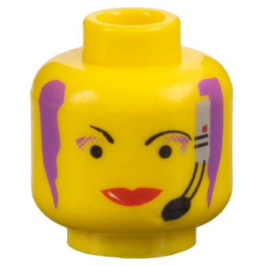 yellow minifigure head female with black thin eyebrows purple hair and eye shadow headset with microphone and red lips wide pattern