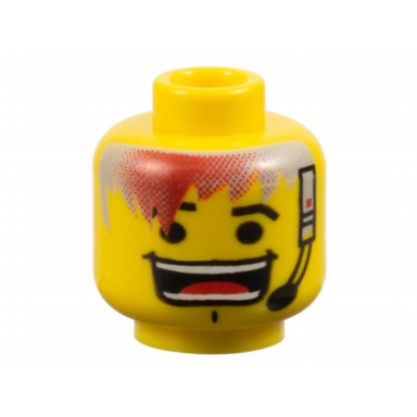 yellow minifigure head black eyebrows light gray and red hair headset chin dimple large open mouth smile with teeth parted and tongue pattern