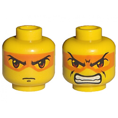 yellow minifigure head dual sided exo-force brown eyes with orange mask mouth closed bared teeth pattern hikaru