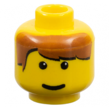 yellow minifigure head brown hair parted on right small pupils grin pattern