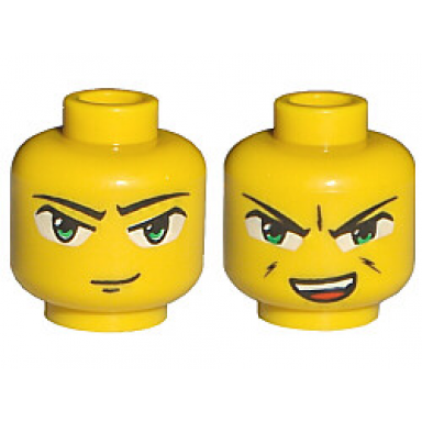 yellow minifigure head dual sided exo-force green eyes with smirk open mouth angry pattern ha-ya-to