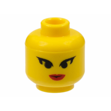 yellow minifigure head female black pointed eyelashes red lips pattern