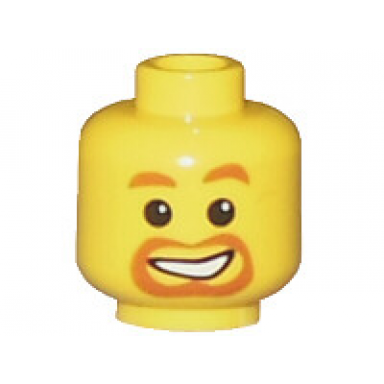 yellow minifigure head dark orange eyebrows moustache and goatee lopsided open mouth smile with teeth pattern