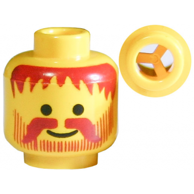 yellow minifigure head standard grin with dark red messy hair moustache and vertical lines beard pattern